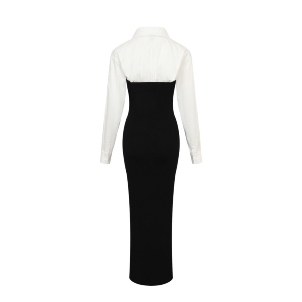 Two-Tone Black & White Long Sleeve Column Dress - Picture 2 of 7